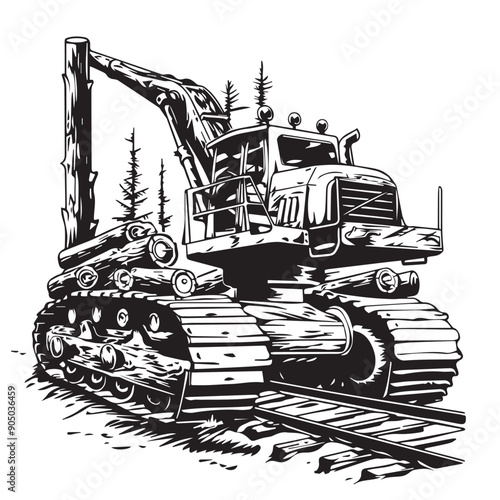 LOGGING MACHINERY in cartoon, doodle style . Image for t-shirt, web, mobile apps and ui. Isolated 2d vector illustration in logo, icon, sketch style, Eps 10, black and white. AI Generative