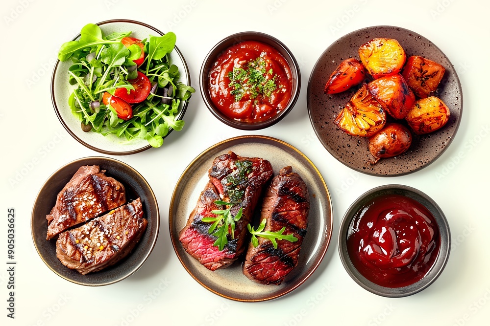 Grilled Dishes, Pineapple, Salad, and Ketchup Grilled Dishes, Pineapple, Salad, and Ketchup