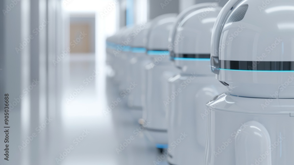 A futuristic hospital with robots performing routine maintenance and sterilization of medical equipment, with copy space, high-resolution photo, realistic photo A futuristic hospital with robots performing routine maintenance and sterilization of medical equipment, with copy space, high-resolution photo, realistic photo