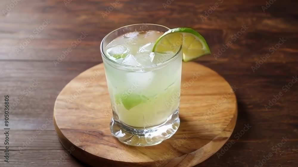 A refreshing cocktail garnished with lime sits on a wooden surface, capturing the essence of leisure and enjoyment A refreshing cocktail garnished with lime sits on a wooden surface, capturing the essence of leisure and enjoyment