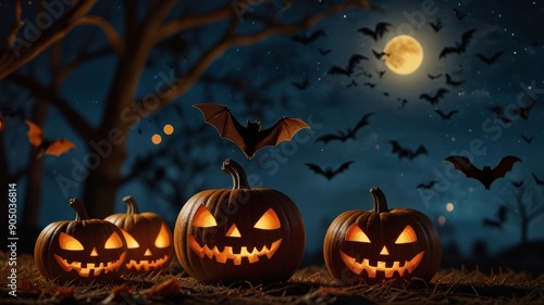 A bats flying in the night sky on a full moon on Halloween, Jack-o'-lantern pumpkins are light on the ground