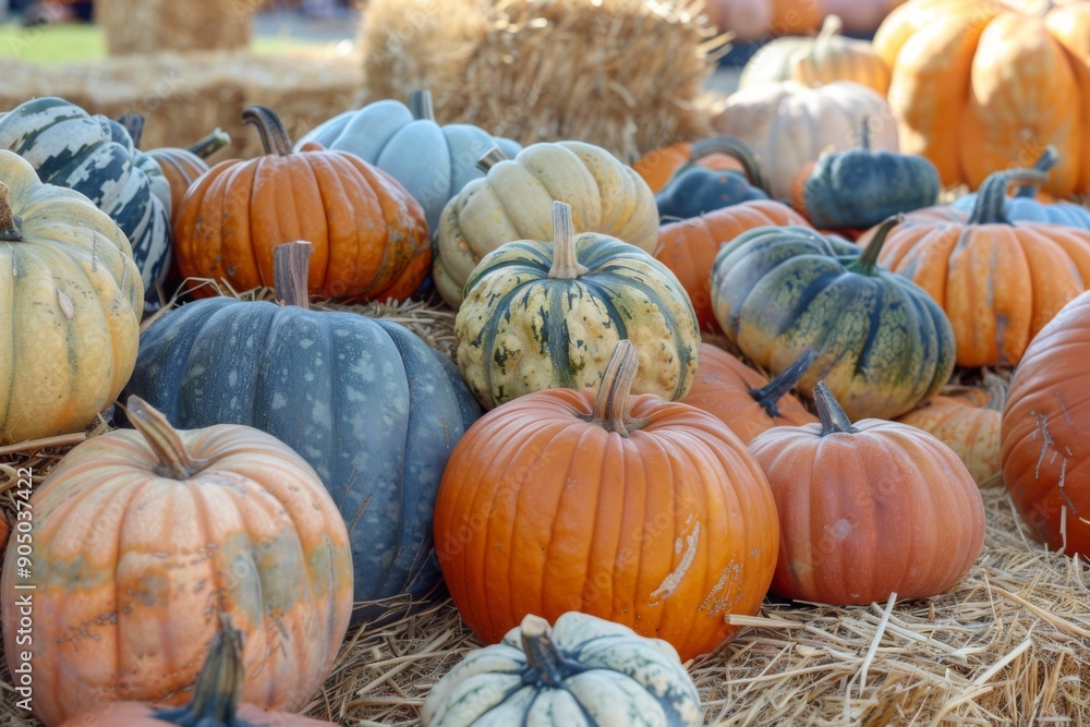 Aesthetic photo of pile of pumpkins on top of hay bales at an autumn harvest festival