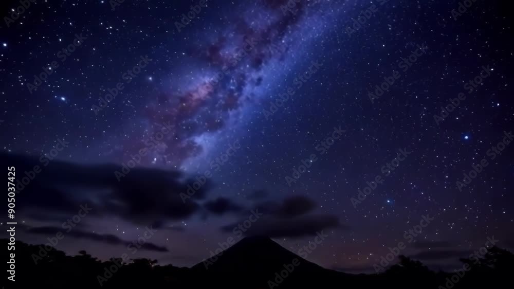 A serene night sky featuring a mountain silhouette, illuminated by stars and the moon, conveying cosmic beauty and tranquility A serene night sky featuring a mountain silhouette, illuminated by stars and the moon, conveying cosmic beauty and tranquility