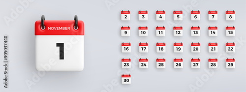 3D calendar icon with date from 1 to 31 of November on gray background. Vector schedule symbol collection.