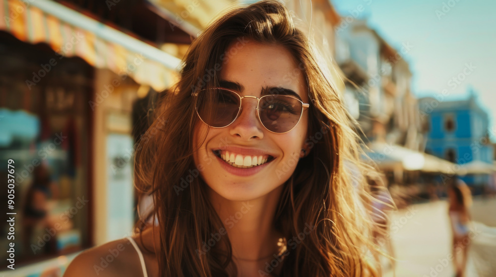 Cinematic Photo of Brunette woman smiling in a beach town, sunny day, Cinematic Photo of Brunette woman smiling in a beach town, sunny day,