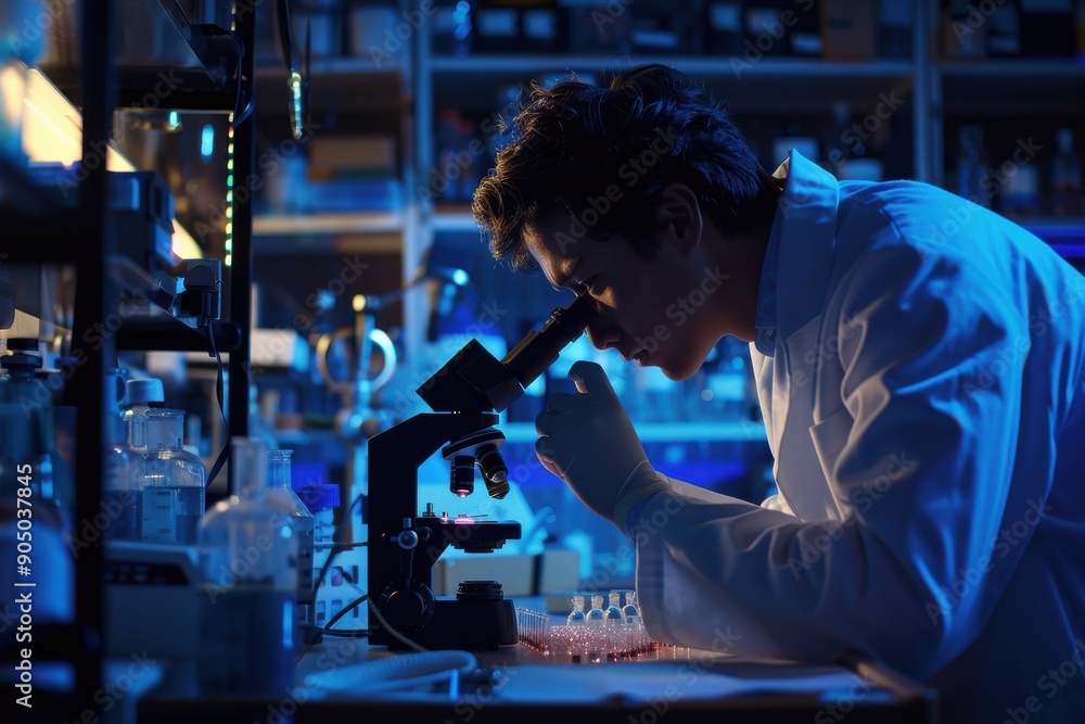 Scientist in a lab coat examining a virus sample under a microscope Scientist in a lab coat examining a virus sample under a microscope