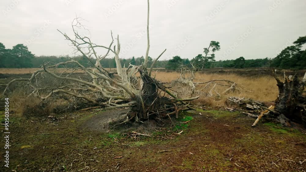 Dead, dry, and fallen trees scattered across a heathland landscape, highlighting the raw beauty of nature's cycle. Captured in the Netherlands Dead, dry, and fallen trees scattered across a heathland landscape, highlighting the raw beauty of nature's cycle. Captured in the Netherlands