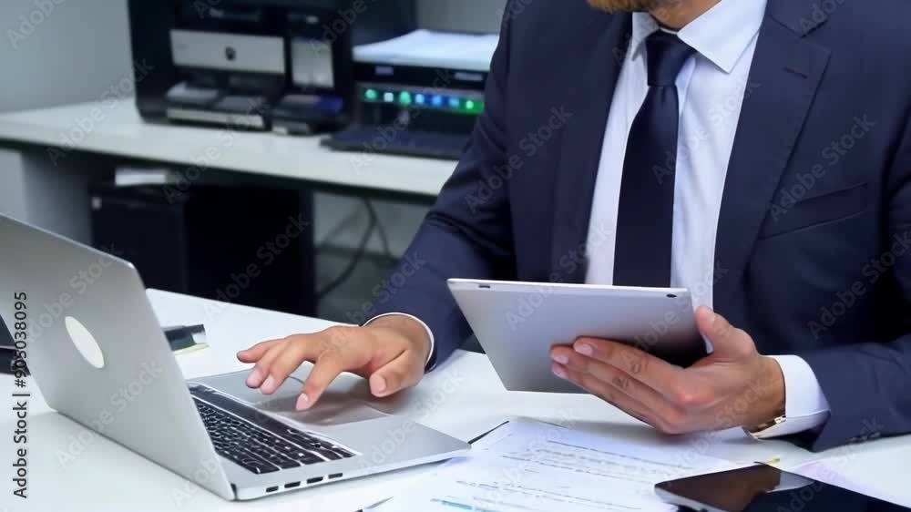 A focused businessman in an office setting uses a tablet and laptop for work, emphasizing productivity and modern technology A focused businessman in an office setting uses a tablet and laptop for work, emphasizing productivity and modern technology
