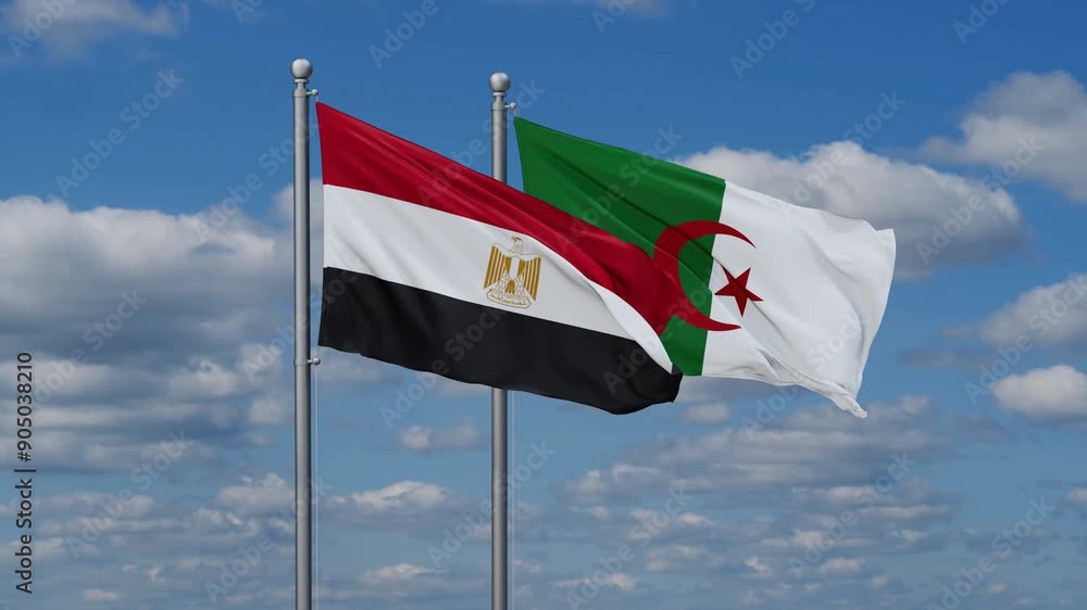 Algeria and Egypt flags flying together, video concept of the relationship, two country relations concept Algeria and Egypt flags flying together, video concept of the relationship, two country relations concept