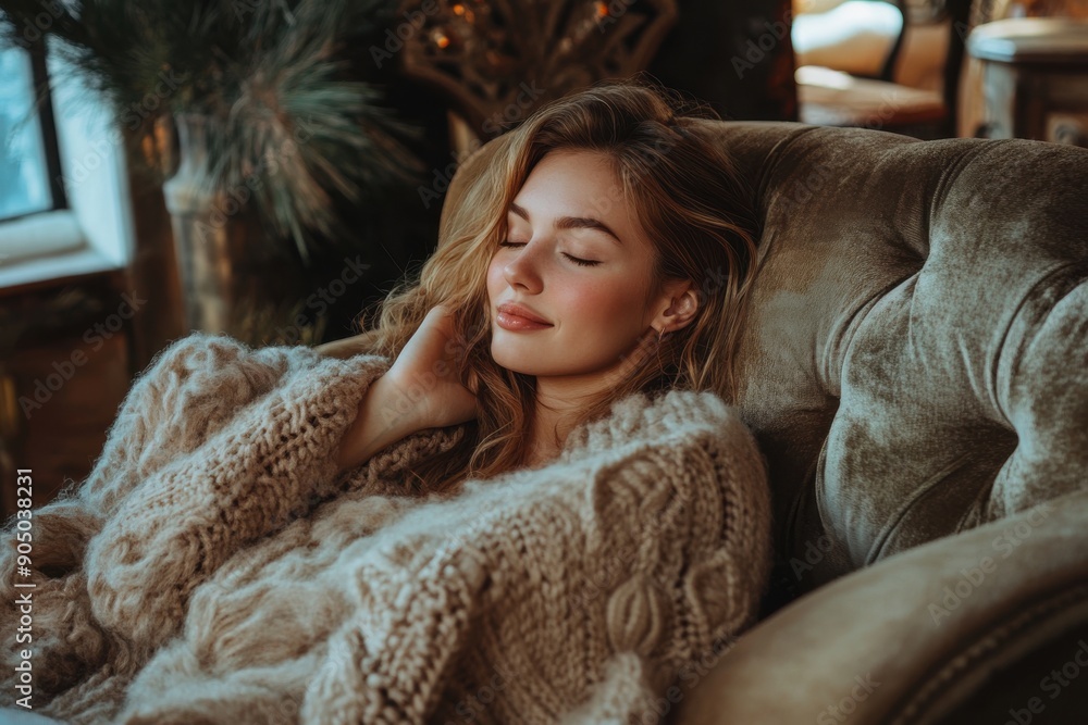 Woman resting comfortably on a couch with a peaceful smile on her face