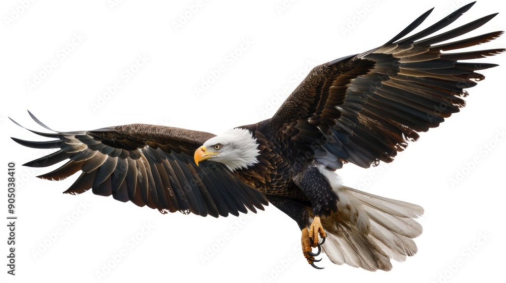 Fototapeta premium A majestic bald eagle soars through the air, its wings outstretched