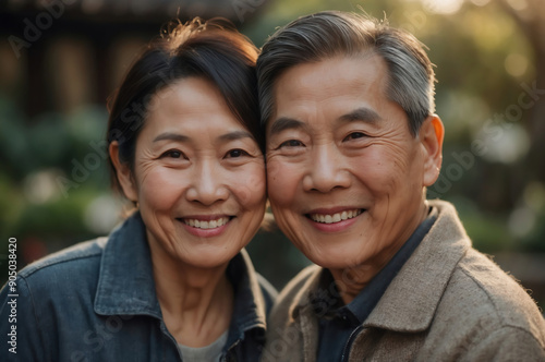 Happy Chinese Senior Couple Smiling and Embracing Outdoors in a Beautiful Garden photo