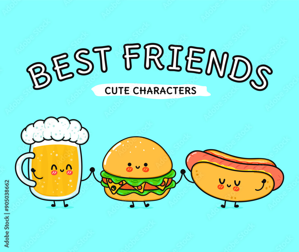 Cute, funny happy glass of beer, hot dog and hamburger . Vector hand drawn cartoon kawaii characters, illustration icon. Funny cartoon glass of beer hot dog and hamburger mascot friends concept Cute, funny happy glass of beer, hot dog and hamburger . Vector hand drawn cartoon kawaii characters, illustration icon. Funny cartoon glass of beer hot dog and hamburger mascot friends concept