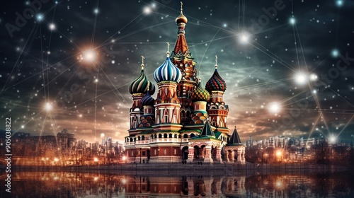 St. Basil's Cathedral at Night with Network Connections
