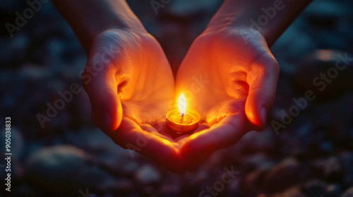 Two hands gently holding a burning candle in the dark