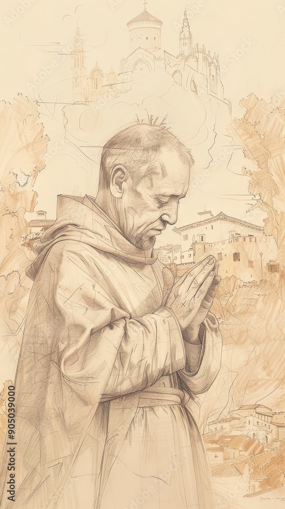 Fototapeta premium St. John of the Cross in Deep Contemplation, Spanish Countryside, Biblical Illustration, Beige Background, Copyspace , Biblical Illustration