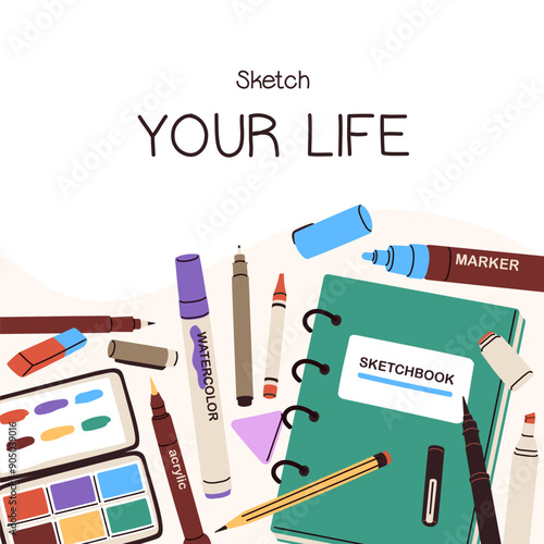 Creative sketching hobby, card design. Art tools, sketchbook, phrase, quote a...