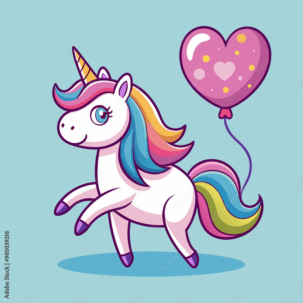 A cute unicorn with a purple mane and tail, holding a glowing heart-shaped balloon in a dreamy, starry night background A cute unicorn with a purple mane and tail, holding a glowing heart-shaped balloon in a dreamy, starry night background