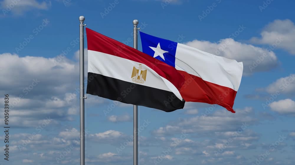 Chile and Egypt flags flying together, video concept of the relationship, two country relations concept Chile and Egypt flags flying together, video concept of the relationship, two country relations concept