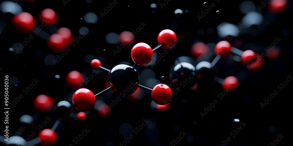 Black and red polymer molecular structure on dark background. High-contrast image of polymer molecule model with red nodes. Ideal for academic journals, educational videos, industrial technology ads Black and red polymer molecular structure on dark background. High-contrast image of polymer molecule model with red nodes. Ideal for academic journals, educational videos, industrial technology ads