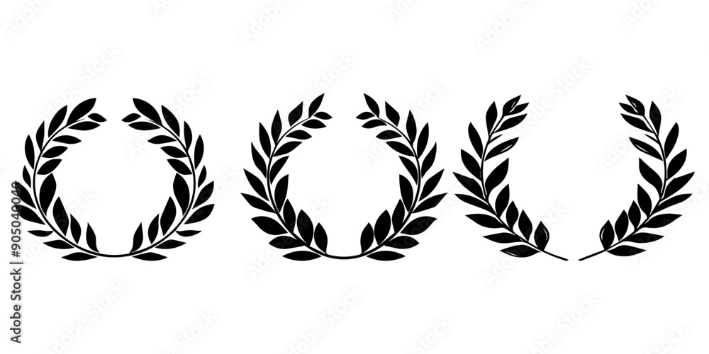 set of three black and white vector logo, laurel wreath with leaves in the shape of an oval, simple shapes, flat design, on solid background set of three black and white vector logo, laurel wreath with leaves in the shape of an oval, simple shapes, flat design, on solid background