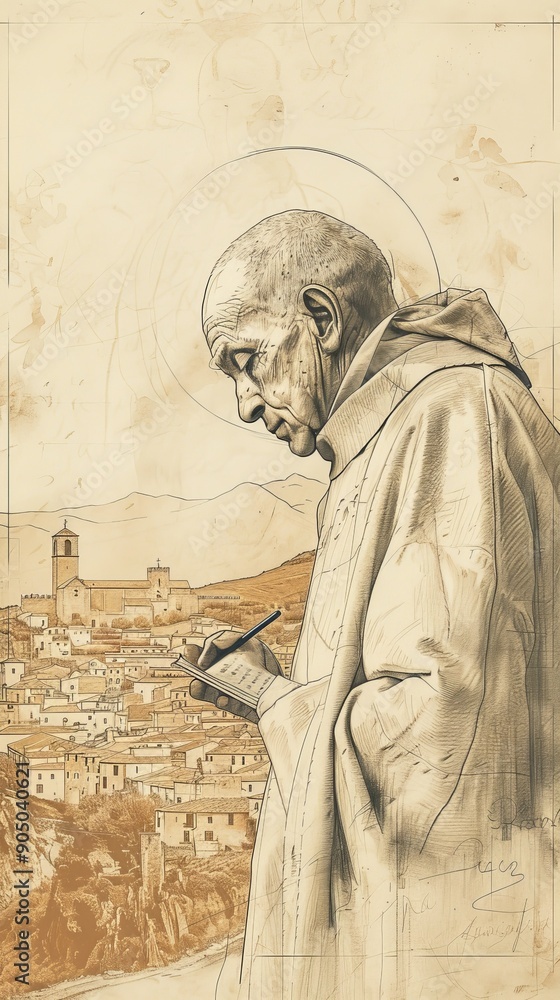 Fototapeta premium St. Raymond of Peñafort Writing in 13th-Century Spanish Village, Biblical Illustration, Beige Background, Copyspace , Biblical Illustration