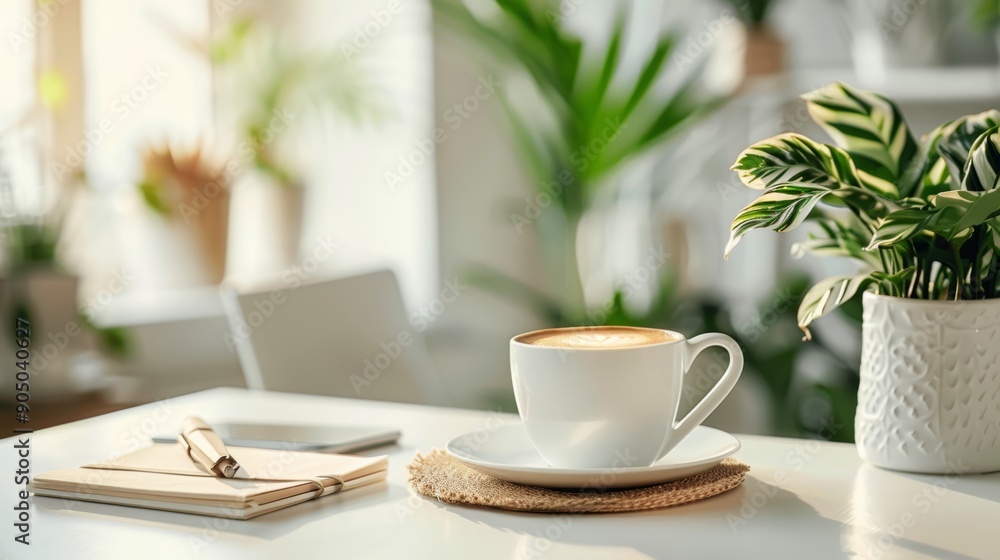Comfortable workplace with coffee, stationery and houseplant on white table, home office Comfortable workplace with coffee, stationery and houseplant on white table, home office