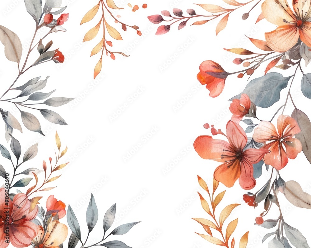 Obraz premium Watercolor floral frame with vibrant orange and gray flowers on a white background