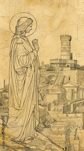 St. Barbara of Nicomedia Holding Tower in Ancient Nicomedia, Biblical Illustration, Beige Background, Copyspace , Biblical Illustration photo