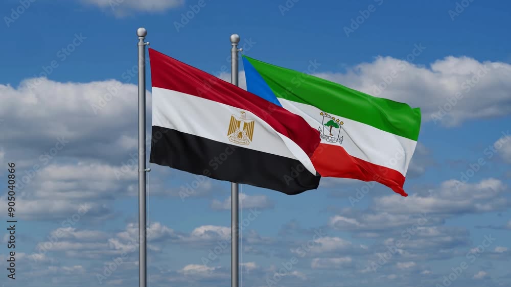 Equatorial Guinea and Egypt flags flying together, video concept of the relationship, two country relations concept Equatorial Guinea and Egypt flags flying together, video concept of the relationship, two country relations concept
