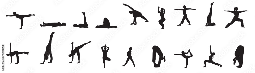 silhouette of people meditating in different yoga pose silhouette of people meditating in different yoga pose
