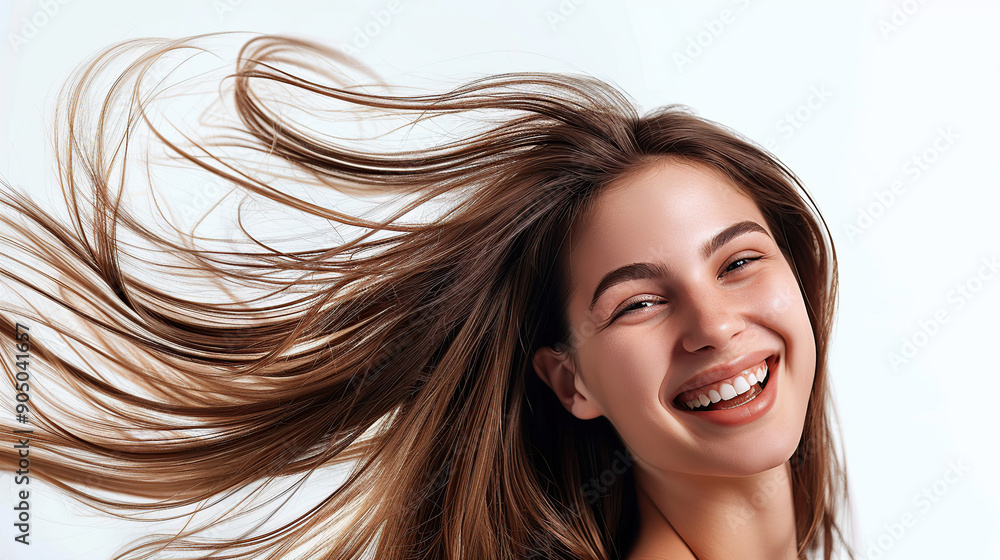 Fototapeta premium A beautiful woman with long hair smiling against a white background