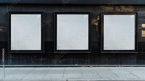 Thee empty advertising billboards on the wall of building
