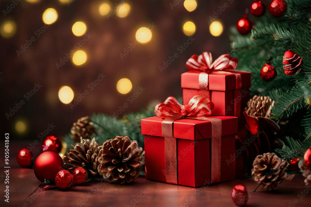 Obraz premium Composition of festive red gift boxes, Christmas tree decorations, branches, cones, balls against the background of golden shimmering bokeh lights. Banner.