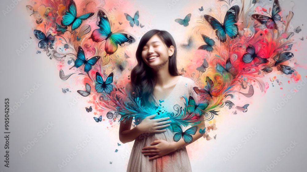 Fototapeta premium Happy young girl in love with abstract butterflies in her stomach