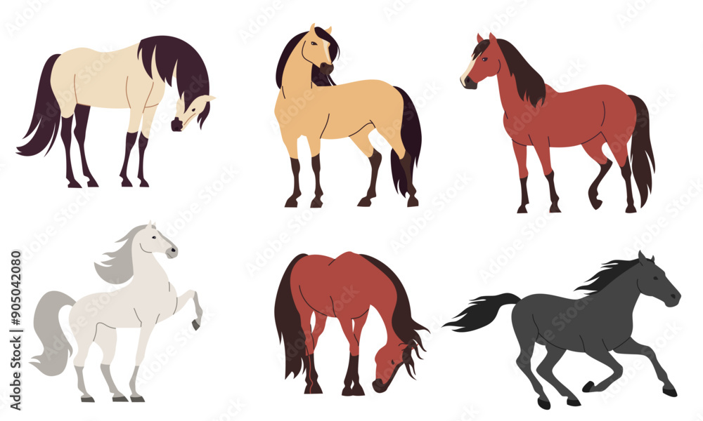 Set of flat vector illustrations on white background. Horses of different colors and breeds . Vector illustration Set of flat vector illustrations on white background. Horses of different colors and breeds . Vector illustration
