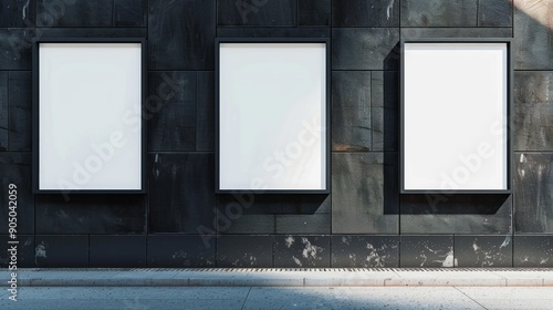 Thee empty advertising billboards on the wall of building
