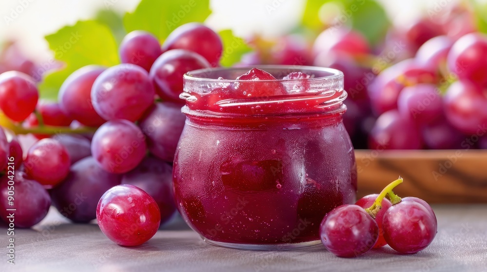 Delicious grape jam in a jar, surrounded by fresh grapes, perfect for breakfast or as a spread for desserts. Delicious grape jam in a jar, surrounded by fresh grapes, perfect for breakfast or as a spread for desserts.