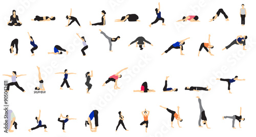 yoga people in different pose collection meditation asana yoga set