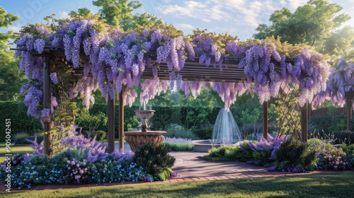 Wisteria Vines Cascading Over Garden Pergola photo