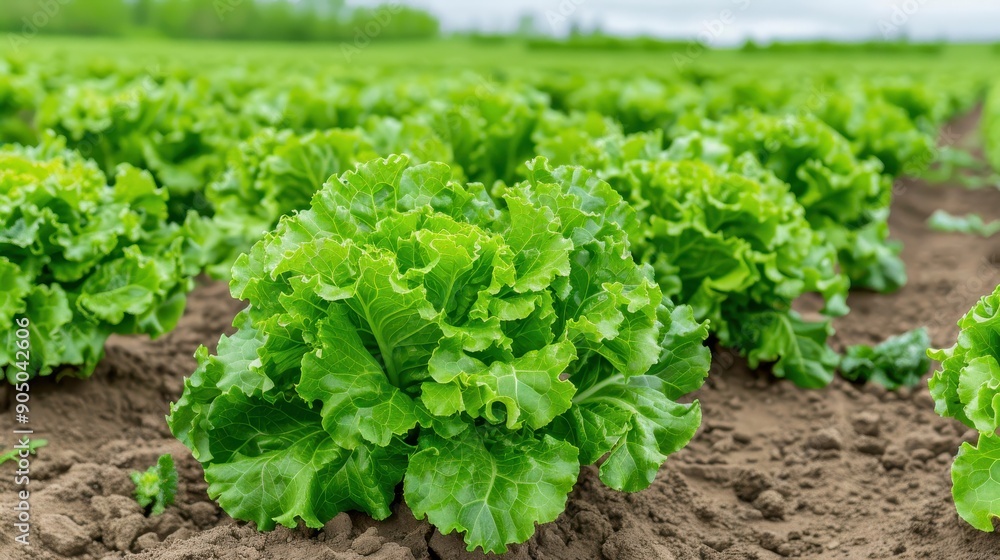 Vibrant green lettuce growing in a field under a cloudy sky, showcasing healthy organic farming practices and rich soil. Vibrant green lettuce growing in a field under a cloudy sky, showcasing healthy organic farming practices and rich soil.