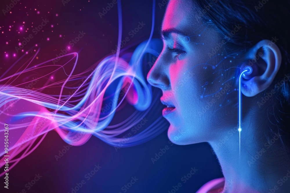 woman and Bluetooth Technology blue neon background woman and Bluetooth Technology blue neon background