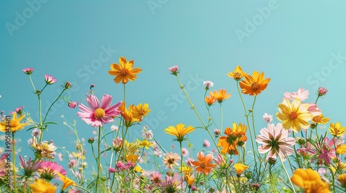 Summer Bloom: A vibrant field of wildflowers reaches for the sky, showcasing a stunning array of colors against a clear blue canvas. The image evokes a sense of peace, joy, and the beauty of nature. © CLOVER BACKGROUND