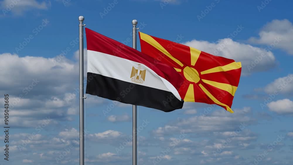 Egypt and North Macedonia flags flying together, video concept of the relationship