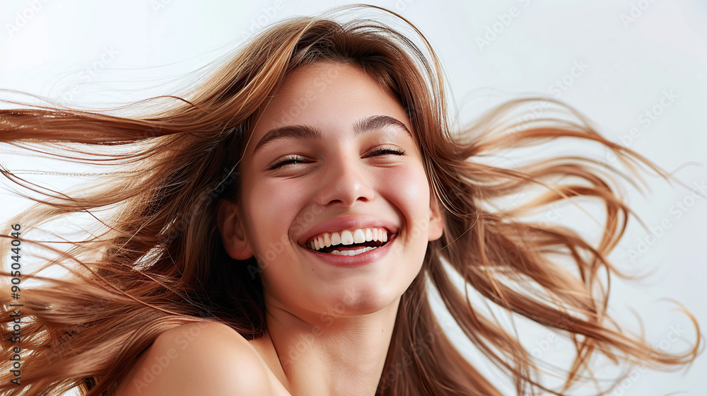A beautiful woman with long hair smiling against a white background A beautiful woman with long hair smiling against a white background
