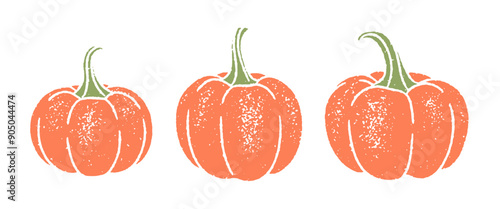 Set of two-color textured illustrations of pumpkins