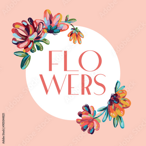 White frame with bright painted flowers in the brushstroke technique