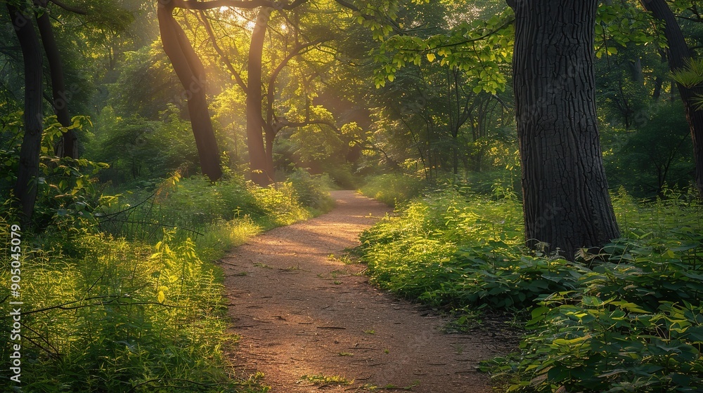 Obraz premium Sunlit Forest Path: A winding path through a verdant forest, bathed in the warm glow of the morning sun, evokes a sense of tranquility and wonder. The lush greenery and dappled light create a magical 