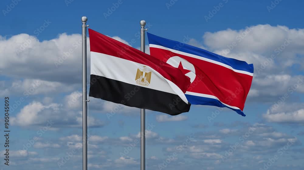 North Korea and Egypt flags flying together, video concept of the relationship North Korea and Egypt flags flying together, video concept of the relationship