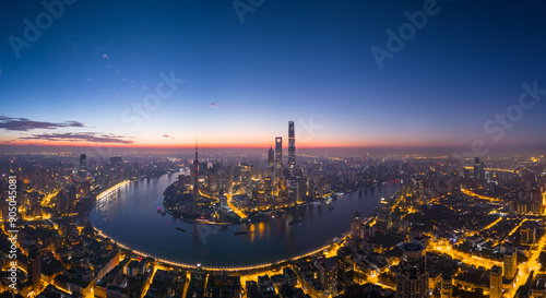 Aerial view of shanghai skyline and huangpu river at sunrise photo